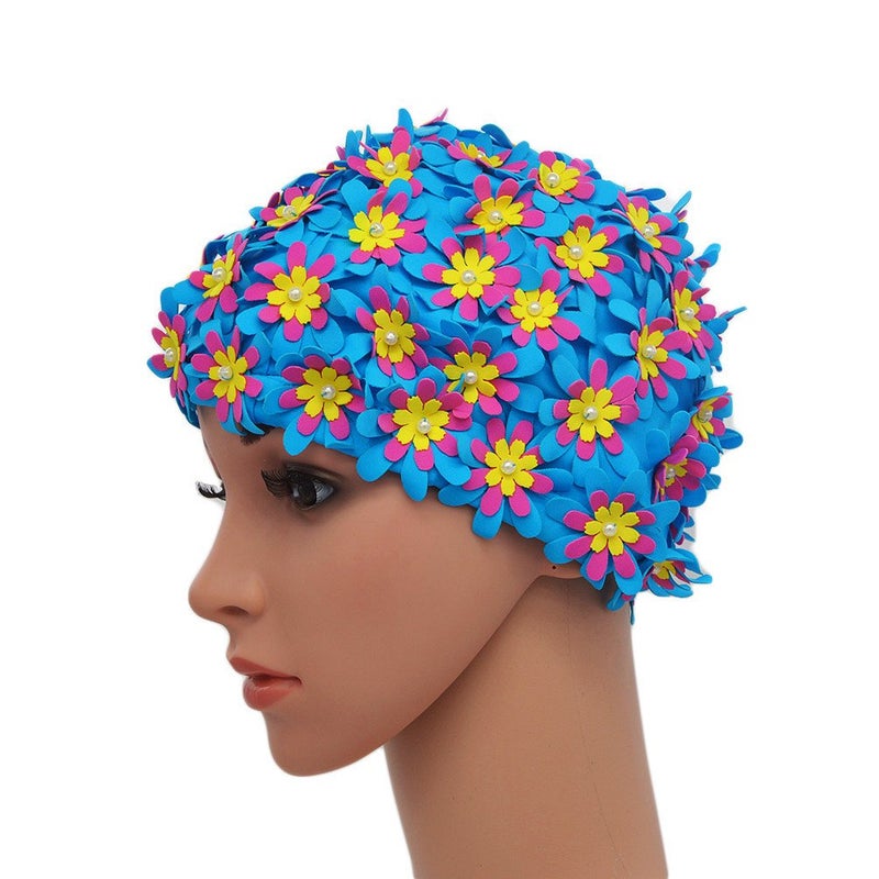 Medifier Swim Cap Floral Petal Retro Style Bathing Caps for Women Blue - Image 3